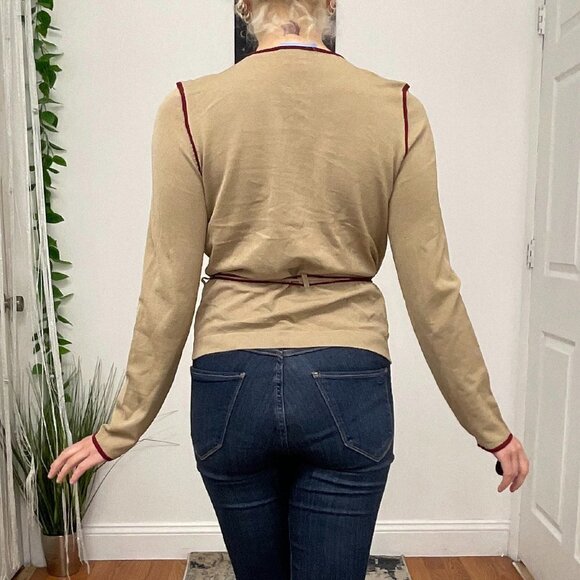 White + Warren Crew Neck Button-Up Cardigan Sweater Tie-Waist Size S Tan - Picture 9 of 15